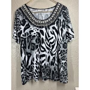 Susan‎ Graver Women’s Top Animal Print Zebra Pullover Embellished Size Large